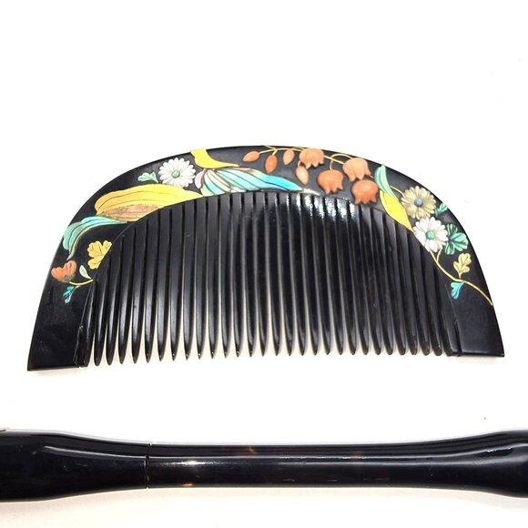 Japanese Floral Lacquer Hair Comb & Stick Set In Box Matsuzakaya Vintage JE311 - Picture 7 of 14